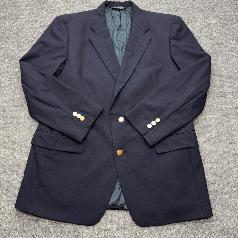 Burberrys Mens Navy Blue Super 100s Wool Blazer Gold Crest Button Sport Coat